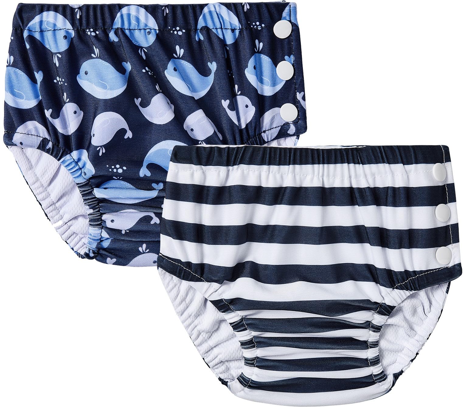 2 Pack Reusable Swim Nappies 12-18 Months, Easy Pull-on Baby Swim Diapers with Side Snaps, Waterproof Swimming Pants for Lessons Holiday, Spouting Whale & Stripes, 12-18 Months