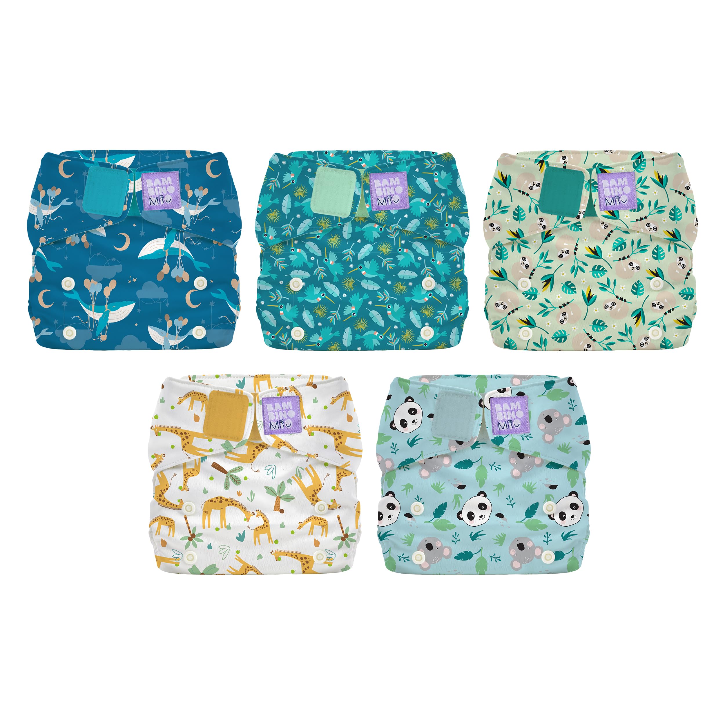 Bambino Mio Miosolo Classic Reusable Nappies 5 Pack (Animals)– All-in-One Cloth Nappies, One Size Washable Nappy with Adjustable Poppers, animals, One Size (birth to potty)
