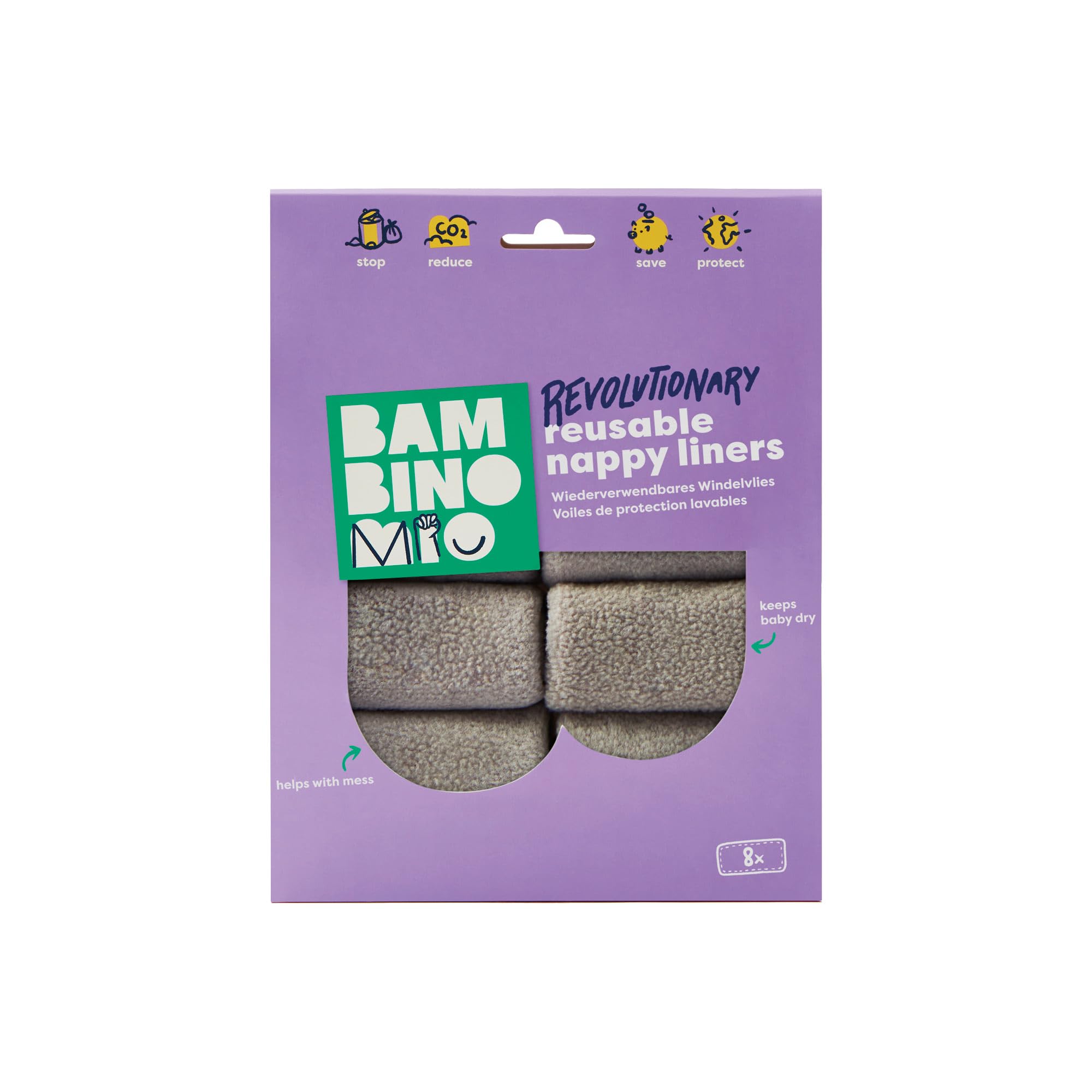 Bambino Mio, Revolutionary Reusable Nappy Liners - Washable Liners, Sustainable and Chemical-Free, Pack of 8 - Packaging May Vary, One Size