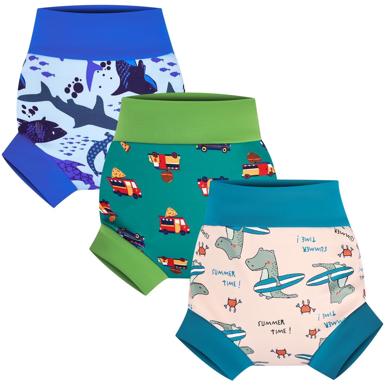 FLYISH DIRECT Reusable Swim Nappy for Boys and Girls, 1-2 Years, Green Dino | 3 Packs, Leak-proof, 1-2 Years