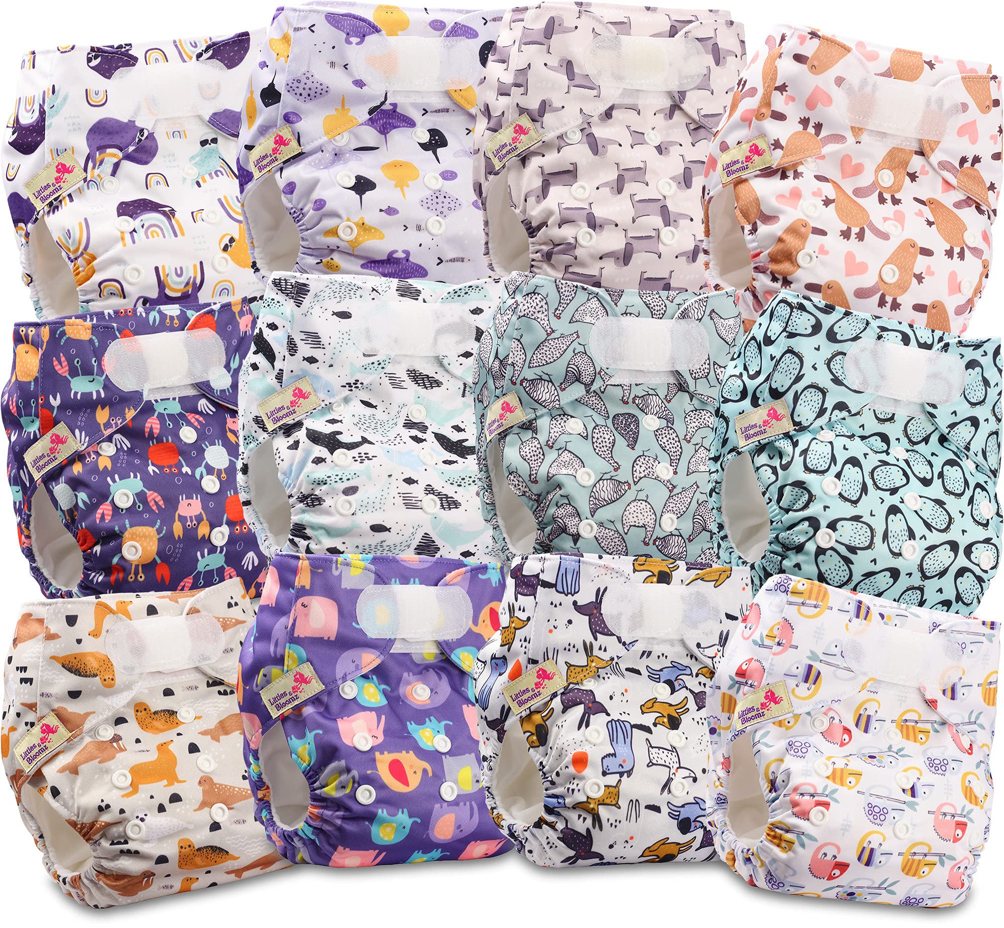 Littles & Bloomz 12 Reusable Pocket Cloth Nappies (Hook & Loop), V1202 | Gentle Comfort, Adjustable Fit for 0-3Y/3-15kg, Washable & Quick-Dry, Easy-Care, Multiple Insert Options Available Separately, 3-15kg