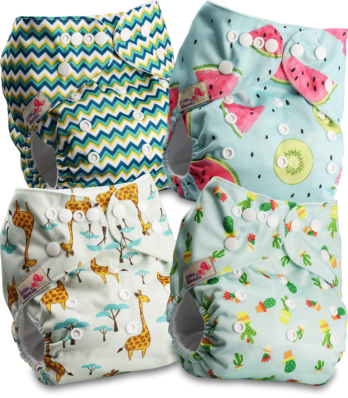 Littles & Bloomz 4 Reusable Pocket Cloth Nappies (Popper), P0401 | Gentle Comfort, Adjustable Fit for 0-3Y/3-15kg, Washable & Quick-Dry, Easy-Care, Multiple Insert Options Available Separately, 3-15kg