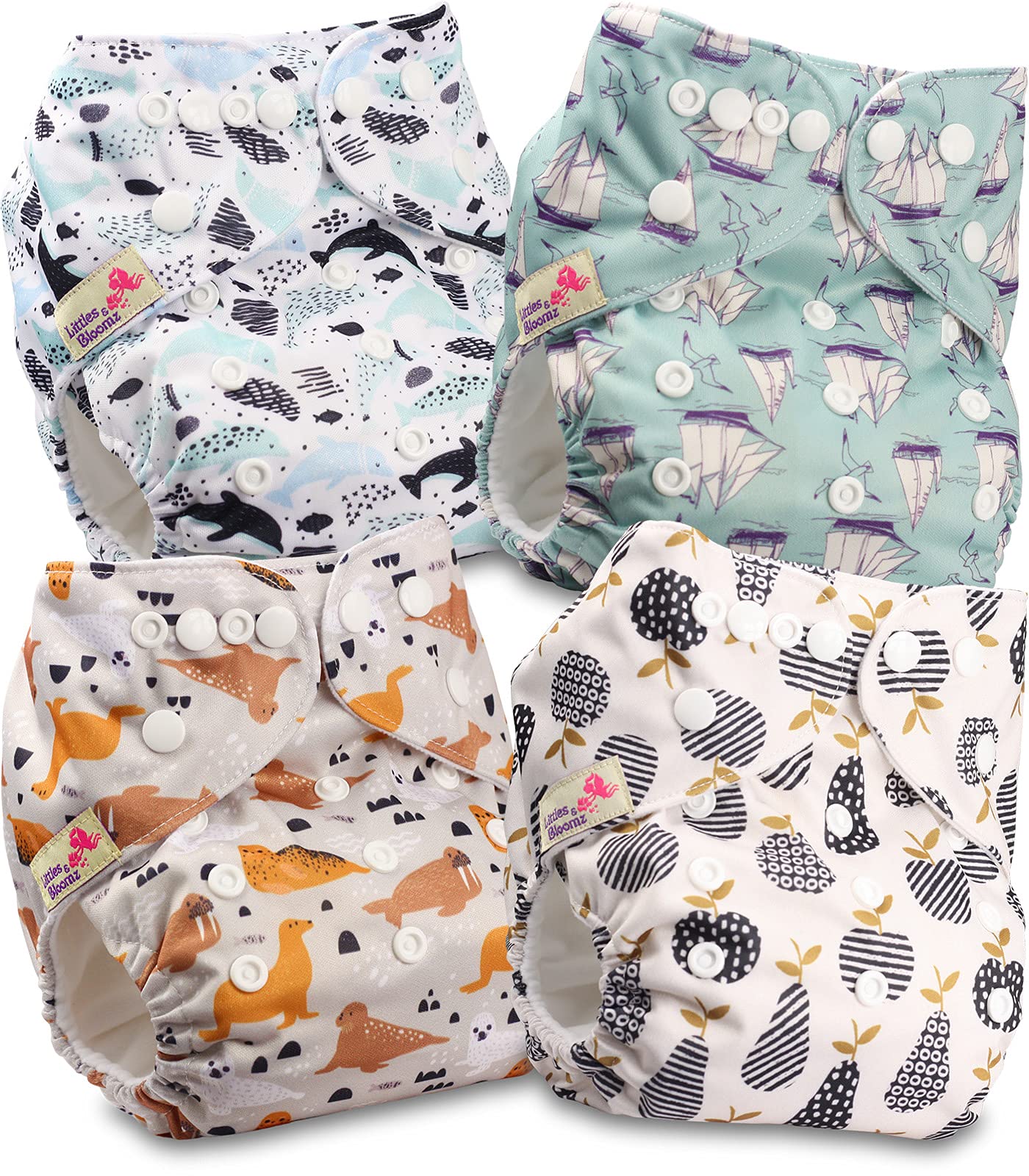 Littles & Bloomz 4 Reusable Pocket Cloth Nappies (Popper), P0406, One Size