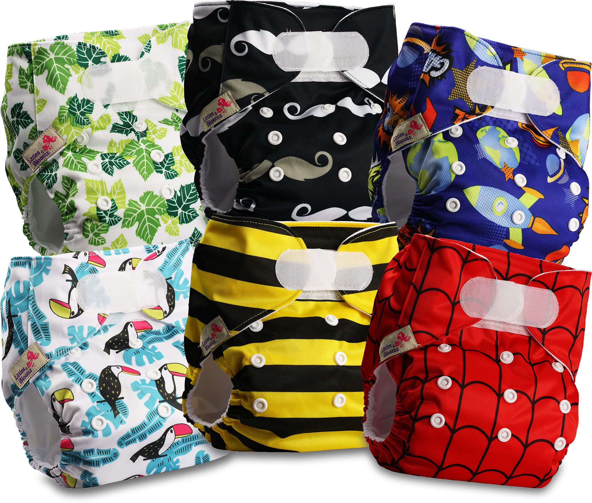Littles & Bloomz 6 Reusable Pocket Cloth Nappies (Hook & Loop), V0609, One Size