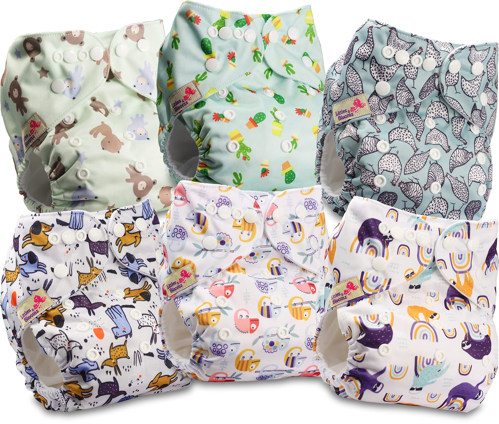 Littles & Bloomz 6 Reusable Pocket Cloth Nappies (Popper), P0603, One Size