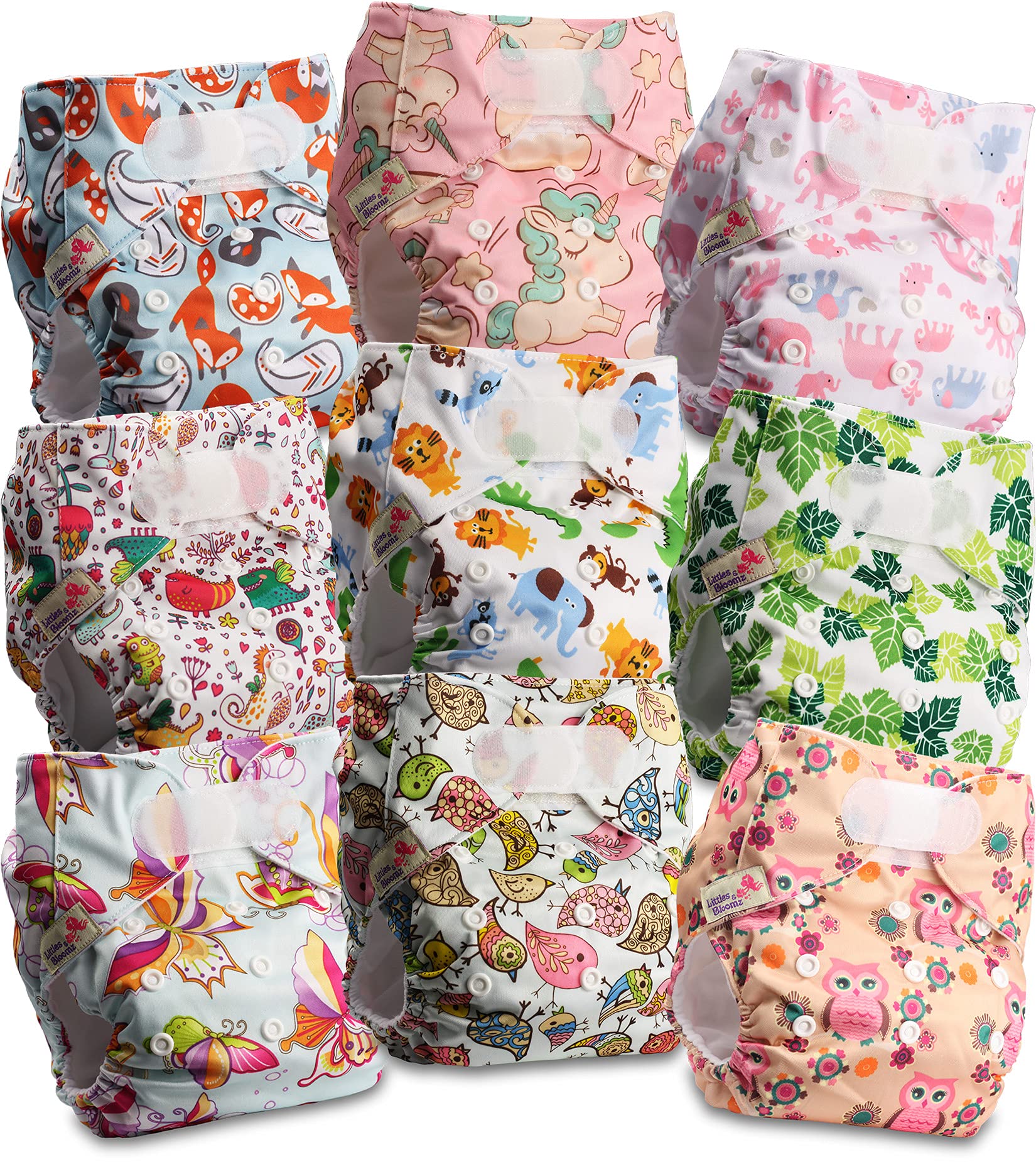 Littles & Bloomz 9 Reusable Pocket Cloth Nappies (Hook & Loop), V0908, One Size
