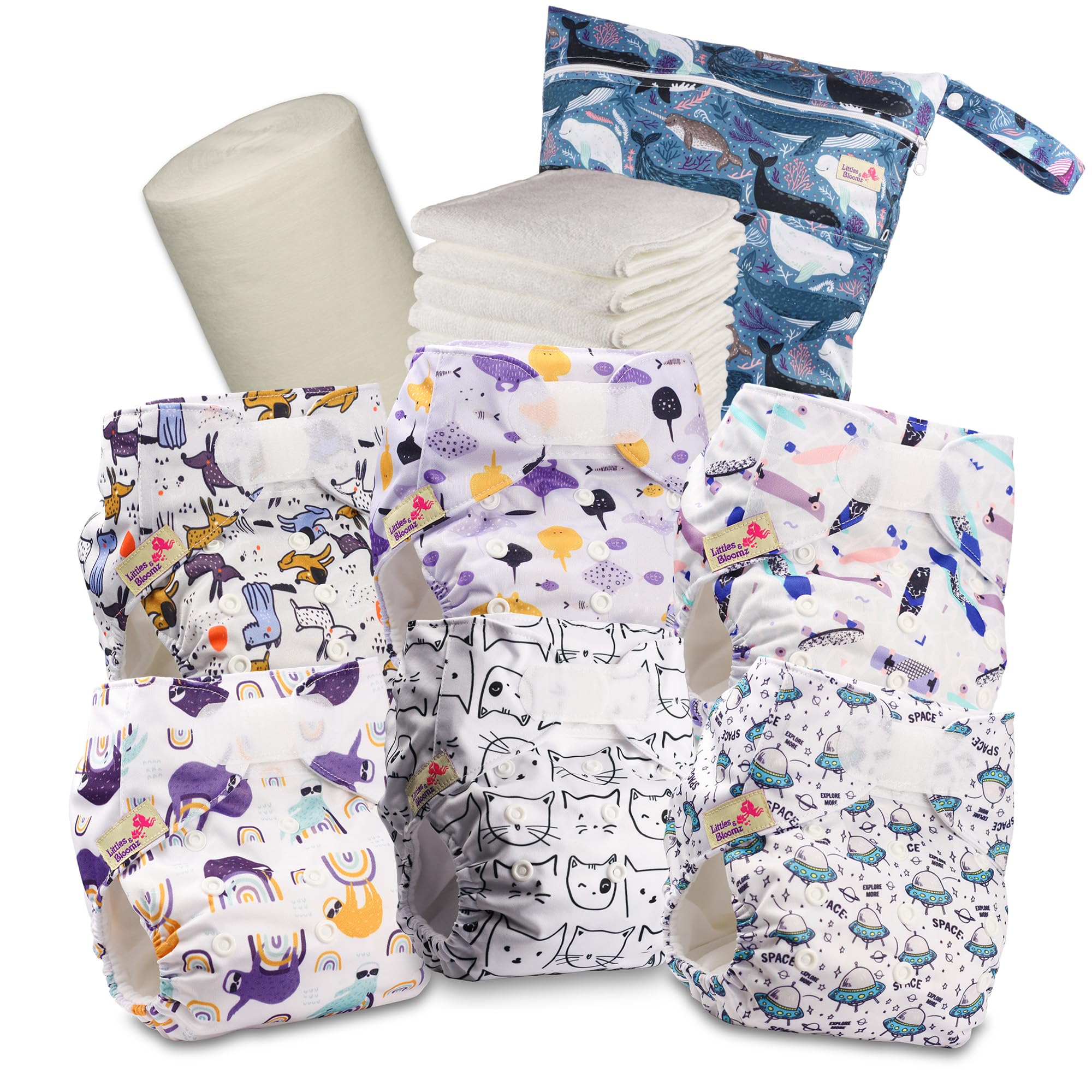 Littles & Bloomz Reusable Pocket Cloth Nappies (Hook & Loop), 6-Pack, 617VM | Gentle Comfort, Adjustable Fit 0-3Y/3-15kg, Washable & Quick-Dry, Includes 6 Microfibre Inserts, 1 Bamboo Liner & 1 Wet Bag, 3-15kg