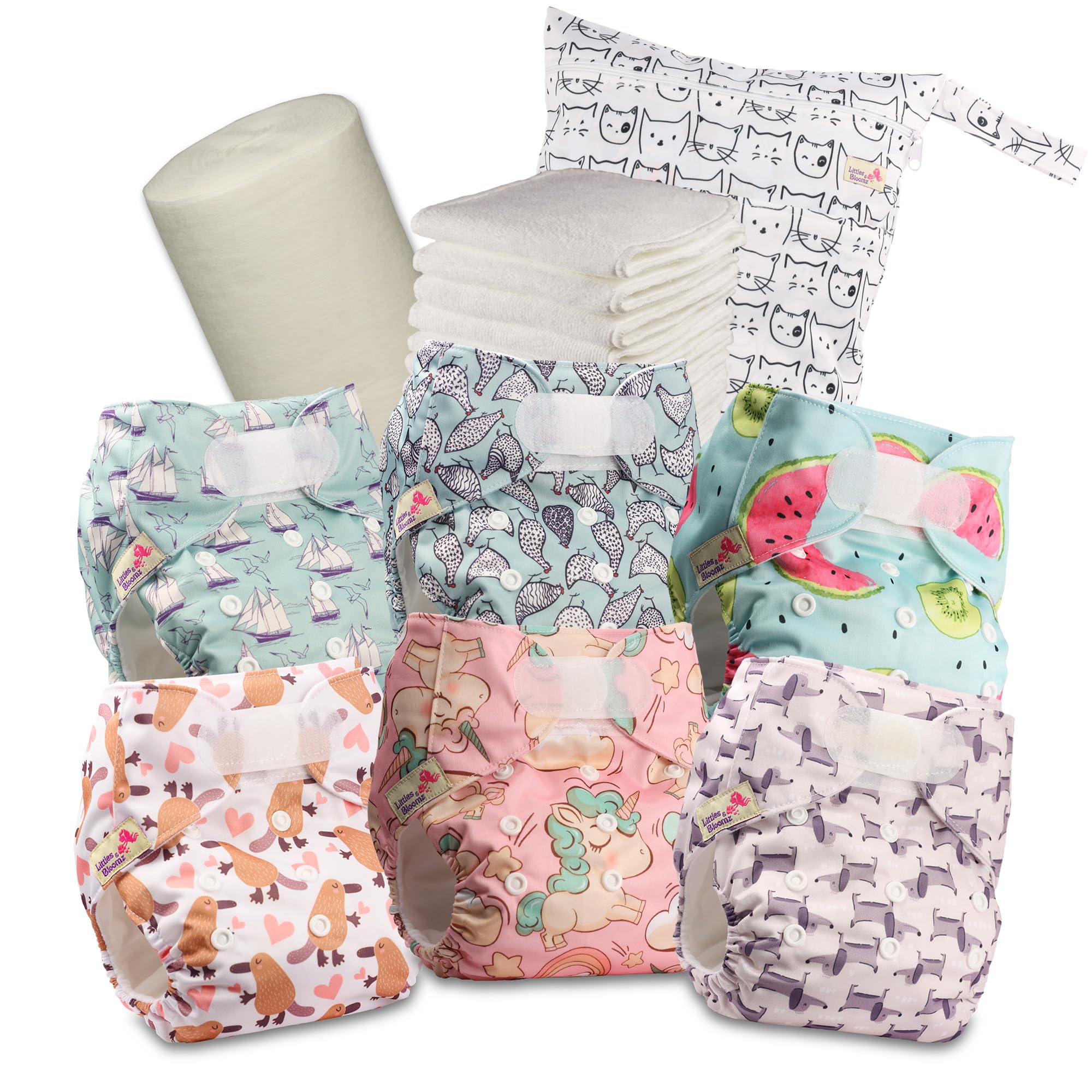 Littles & Bloomz Reusable Pocket Cloth Nappies (Hook & Loop), 6-Pack, 616VM | Gentle Comfort, Adjustable Fit 0-3Y/3-15kg, Washable & Quick-Dry, Includes 6 Microfibre Inserts, 1 Bamboo Liner & 1 Wet Bag, 3-15kg