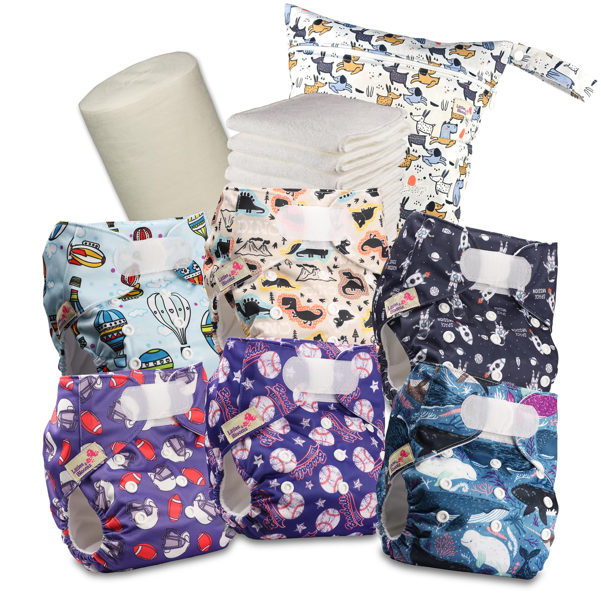 Littles & Bloomz Reusable Pocket Cloth Nappies (Hook & Loop), 6-Pack, 619VM, Includes 6 Microfibre Inserts, 1 Bamboo Liner & 1 Wet Bag, One Size
