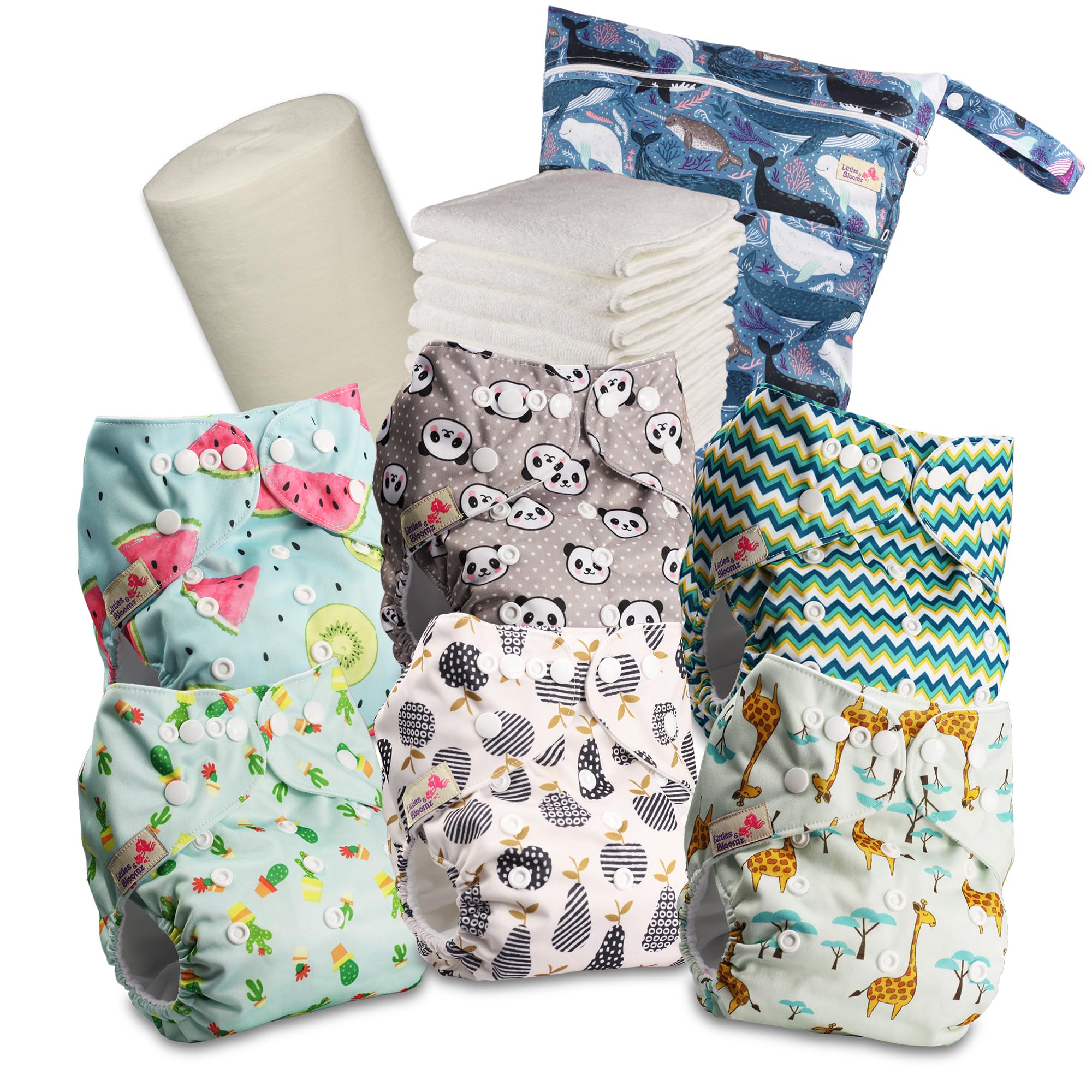 Littles & Bloomz Reusable Pocket Cloth Nappies (Popper), 6-Pack Kit, 631PM6, One Size