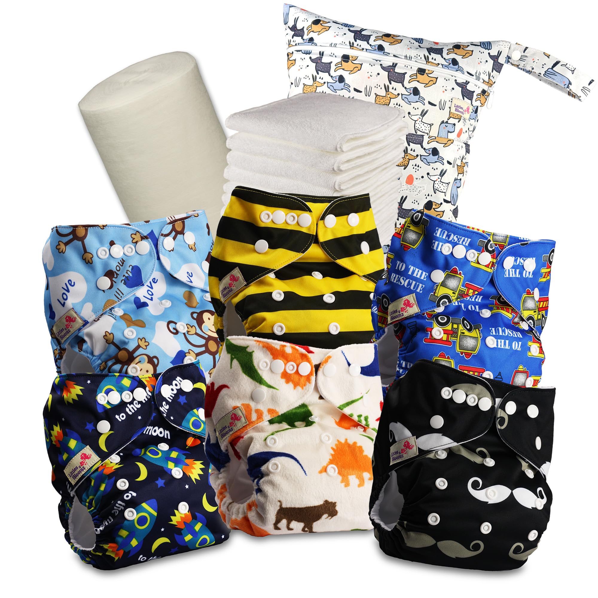 Littles & Bloomz Reusable Pocket Cloth Nappies (Popper), 6-Pack Kit, 637PM6, One Size