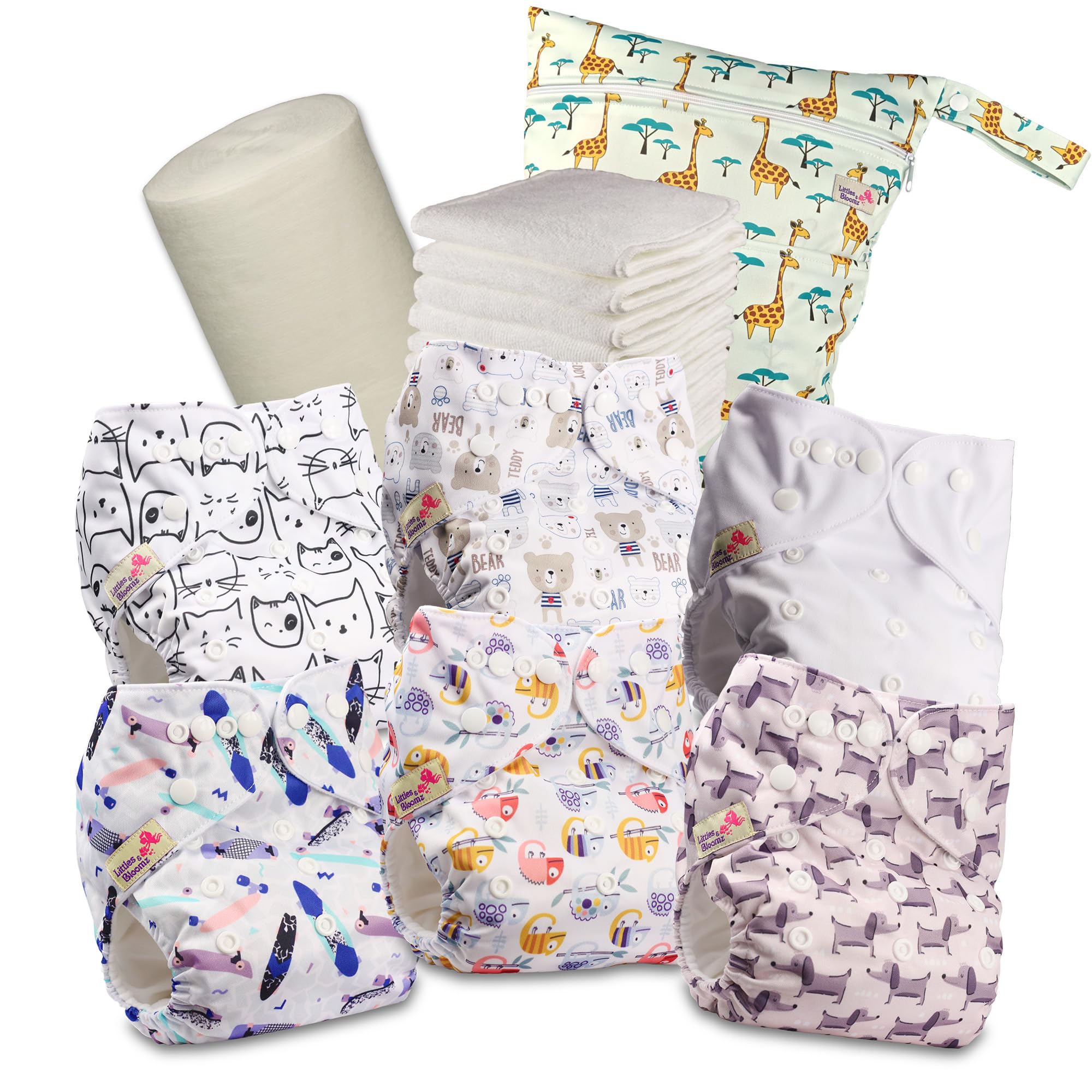 Littles & Bloomz Reusable Pocket Cloth Nappies (Popper), 6-Pack Kit, 629PM6 | Gentle Comfort, Adjustable Fit 0-3Y/3-15kg, Washable & Quick-Dry, Includes 6 Microfibre Inserts, 1 Bamboo Liner & 1 Wet Bag, 3-15kg
