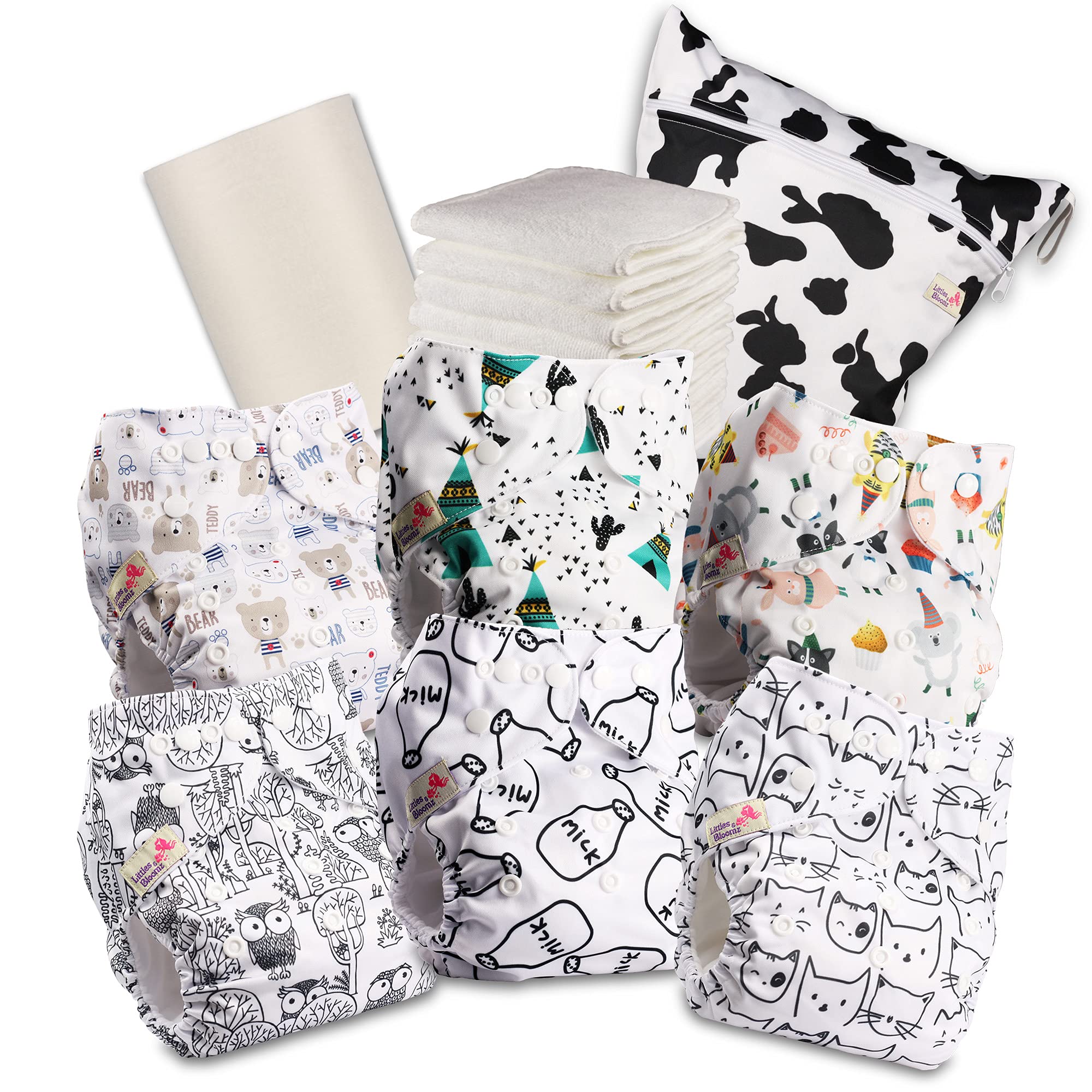 Littles & Bloomz Reusable Pocket Cloth Nappies (Popper), 6-Pack Kit, 603PM6, One Size