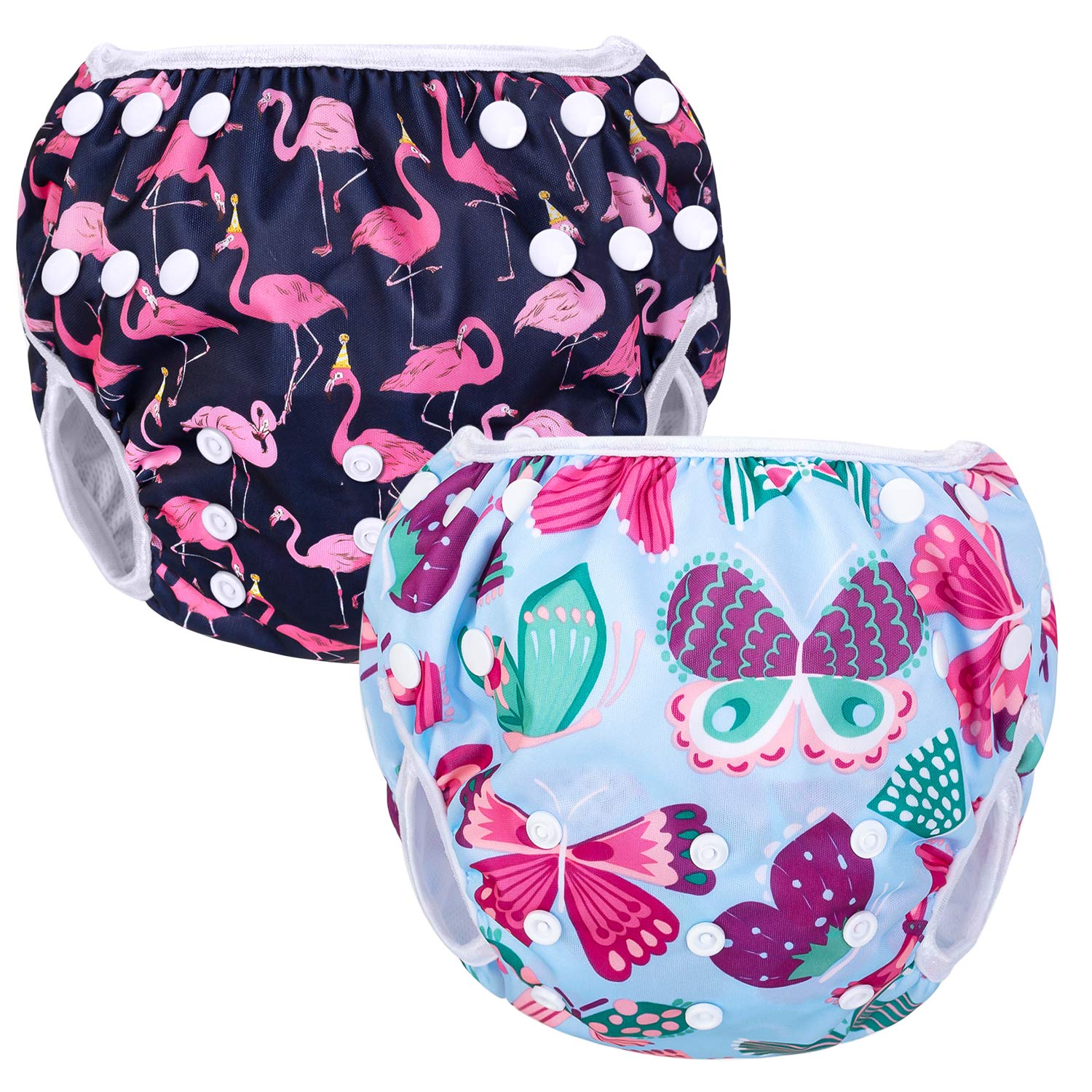 Luxja Reusable Swimming Nappy (Pack of 2), Butterfly + Flamingo | Adjustable Swim Nappies for Baby (0-3 Years), 0-3 Years