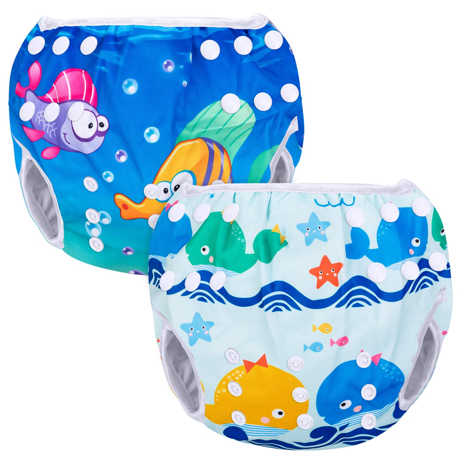 Luxja Reusable Swimming Nappy (Pack of 2), Whales + Fishes | Adjustable Swim Nappies for Baby (0-3 Years), 0-3 Years