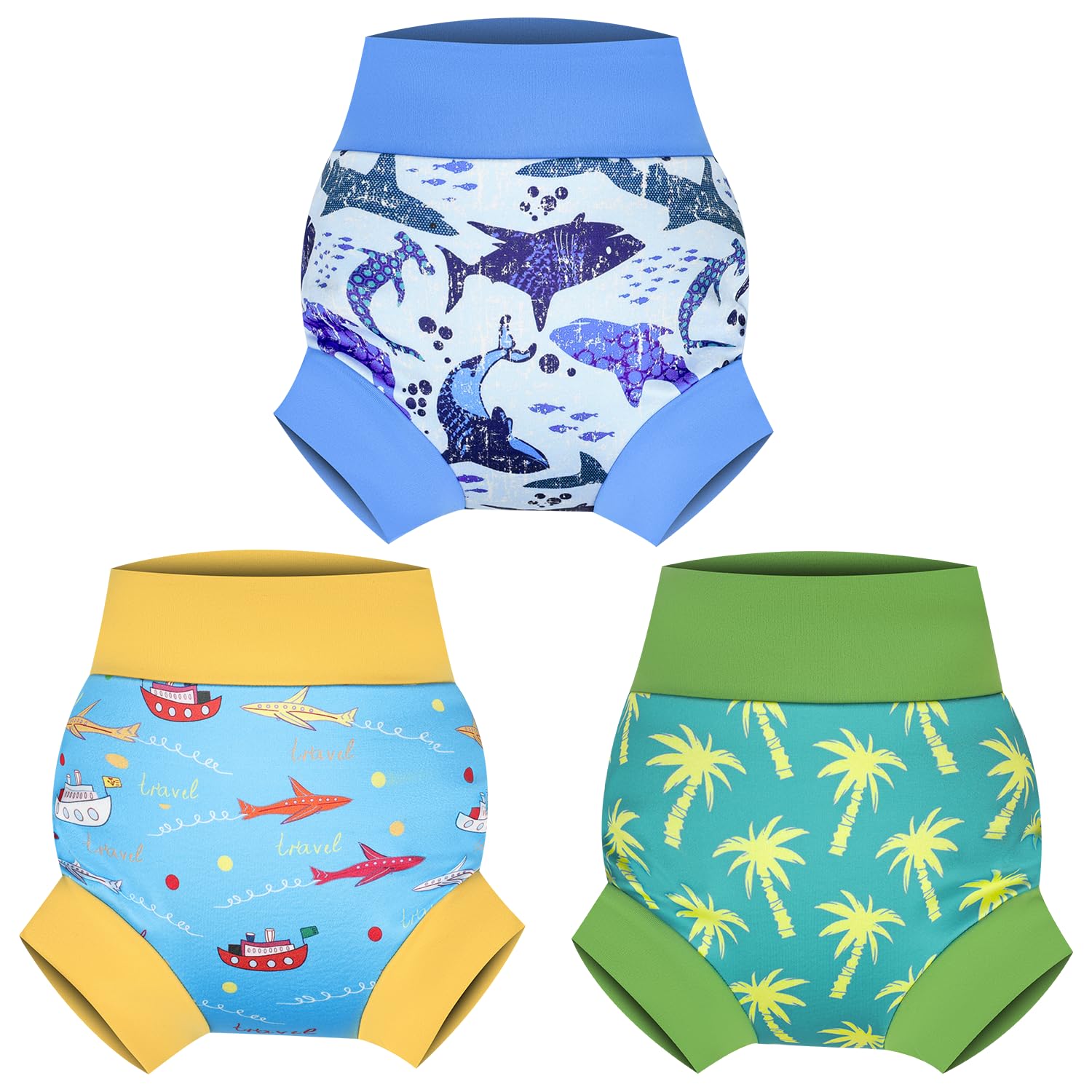 MOEMOE BABY Swim Nappy for Toddlers Swimming Nappy Reusable Nappies for Baby,Boat+Shark+Coconut Grove,3-4 Years | Ideal for Pool, Beach & Swim Lessons for Boys and Girls, 2-5T, 3-4 Years